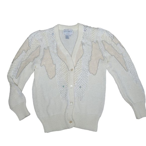 vintage 90s beaded sequin angora lambswool blend chunky knit cardigan sweater S - Picture 2 of 9